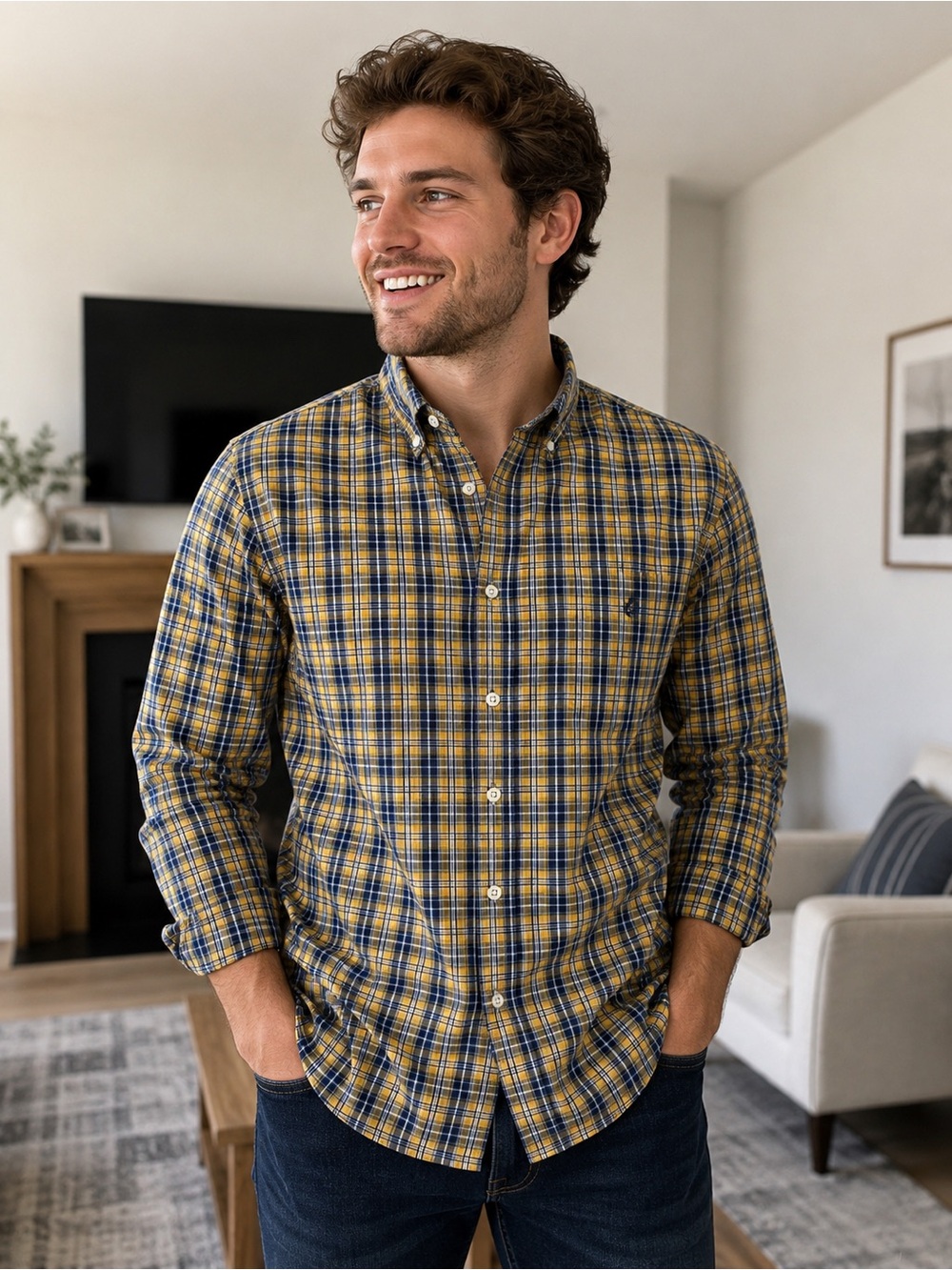 Chaps Men's Yellow & Navy Plaid Button-Down Shirt